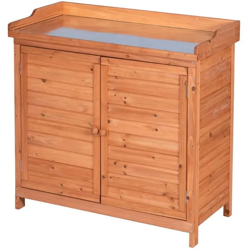 Modern Garden Patio Solid Wood Storage Cabinet Furniture Waterproof Anti-Corrosion Tool Shed Potting Benches Outdoor Work Table