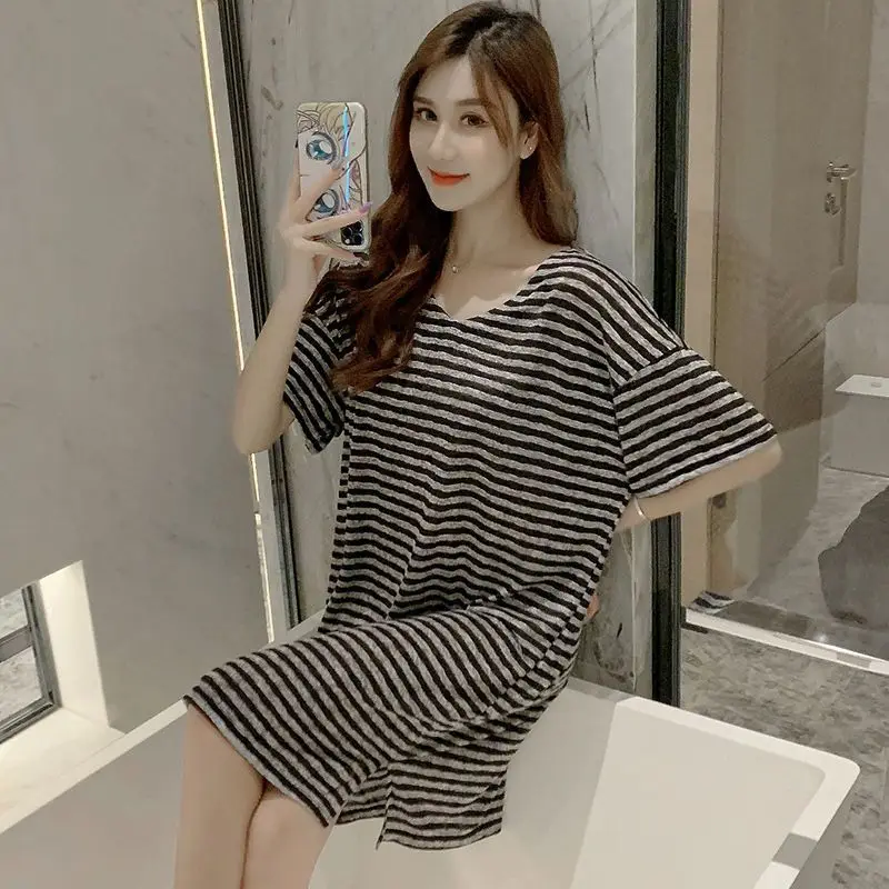 

Modal Pajamas Female V-neck Increase Pregnant Woman Streak Short Sleeve Dresses Spring and Summer Can Be Worn Outside Loungewear