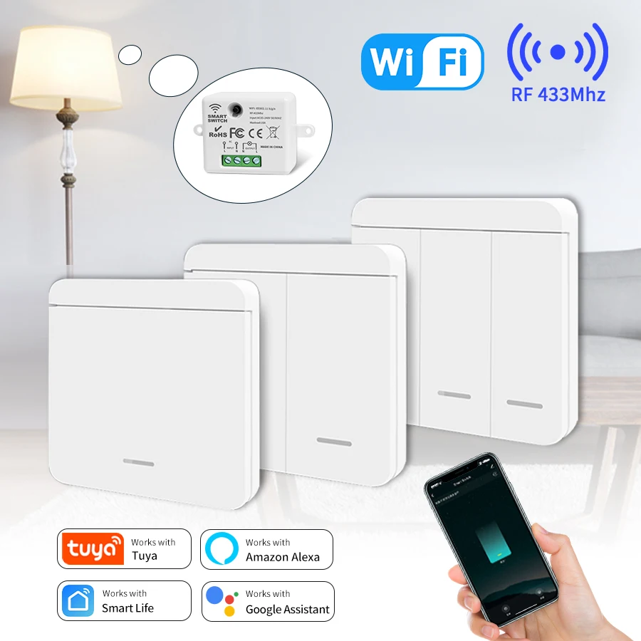 Tuya Smart WiFi Switch RF 433Mhz Wireless Receiver 86 Wall Panel Switch Timer Group Function Google Home Alexa Voice Control 10A