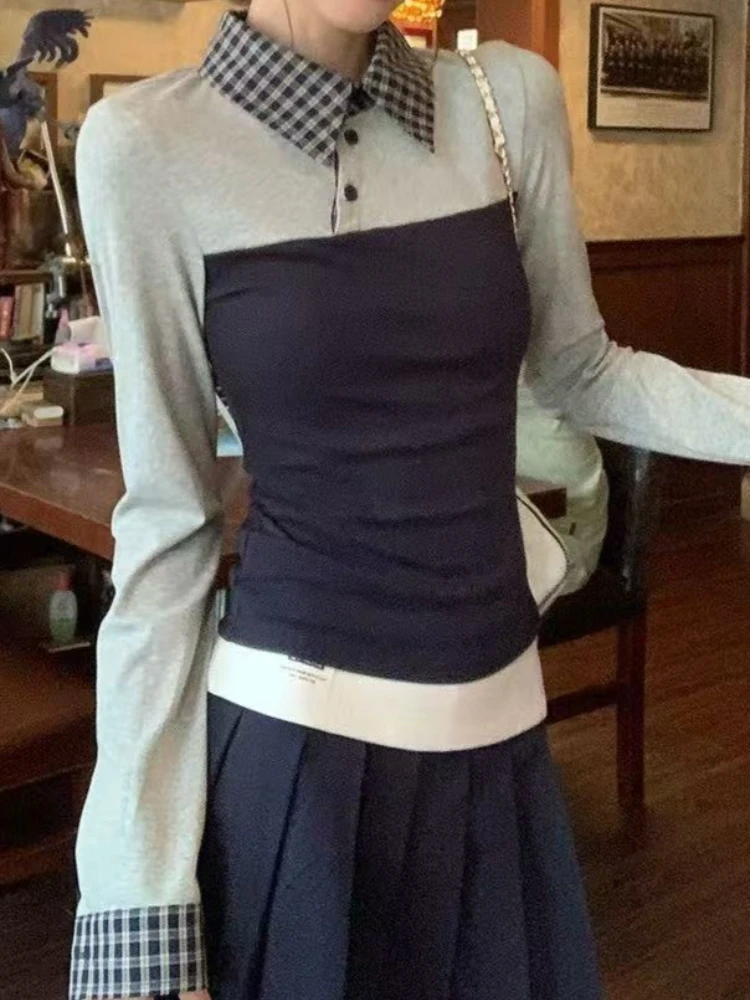 

Harajuku Elegant Design Sense Color Block Top Polo Collar Long Sleeve Casual T-Shirt Women New Korea Fashion Slim Fit Tops 2025