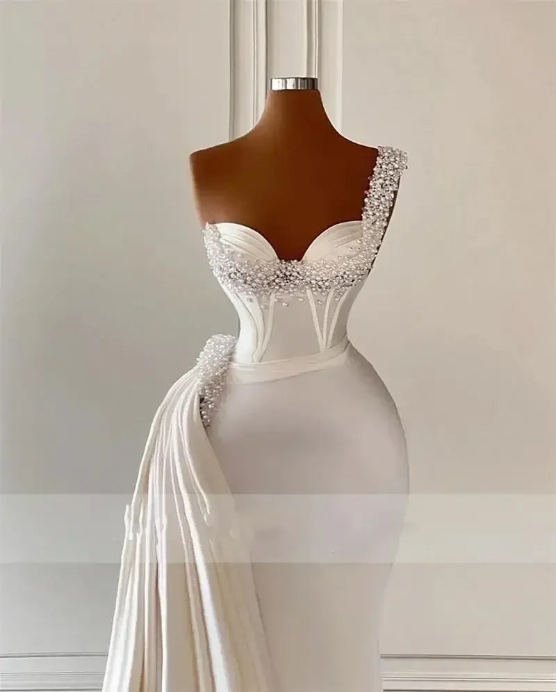 Customized One Shoulder Shinny Pearls Wedding Dress for Bride Satin Pleated Vestidos De Noiva Mermaid Church  Bridal Dress