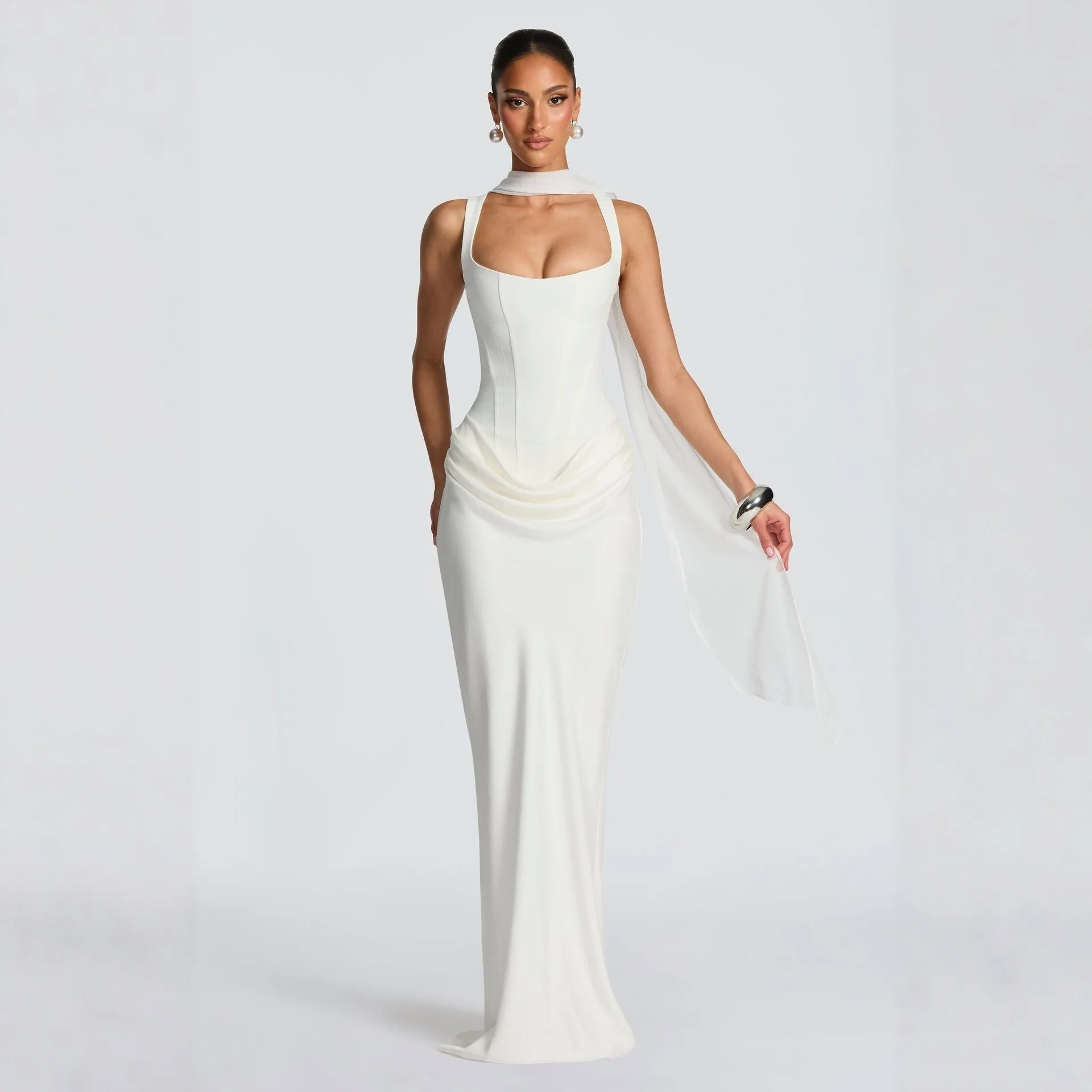 Women Elegant Mermaid Long Sleeve U Neck Color Block Ruched Dress for Wedding Guest Party Prom Wedding Party Evening Robe