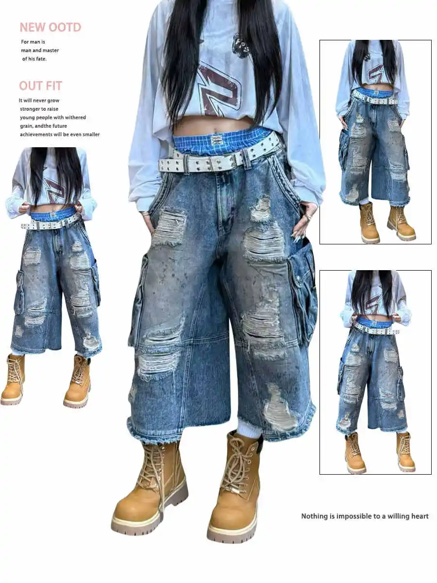 

2026 Summer Women American Retro Jorts Jean Ripped Shorts Japanese Y2K 2000s Goblin Core Punk Calf-Length Denim Pants Boyfriend