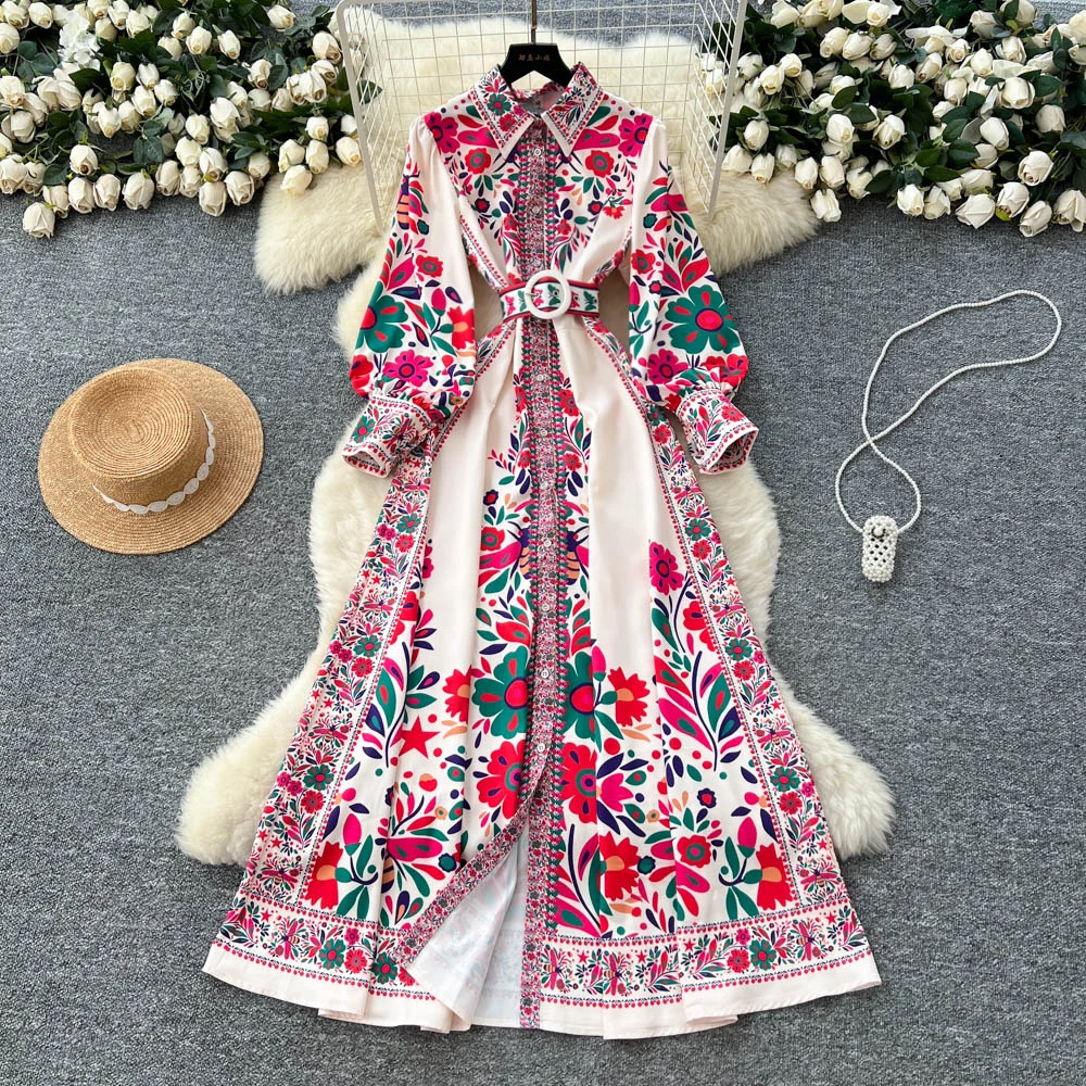 Robe Maxi à fleurs à manches longues pour femmes, chemise musulmane imprimée à simple boutonnage, style bohème, décontractée, nouvelle collection été automne