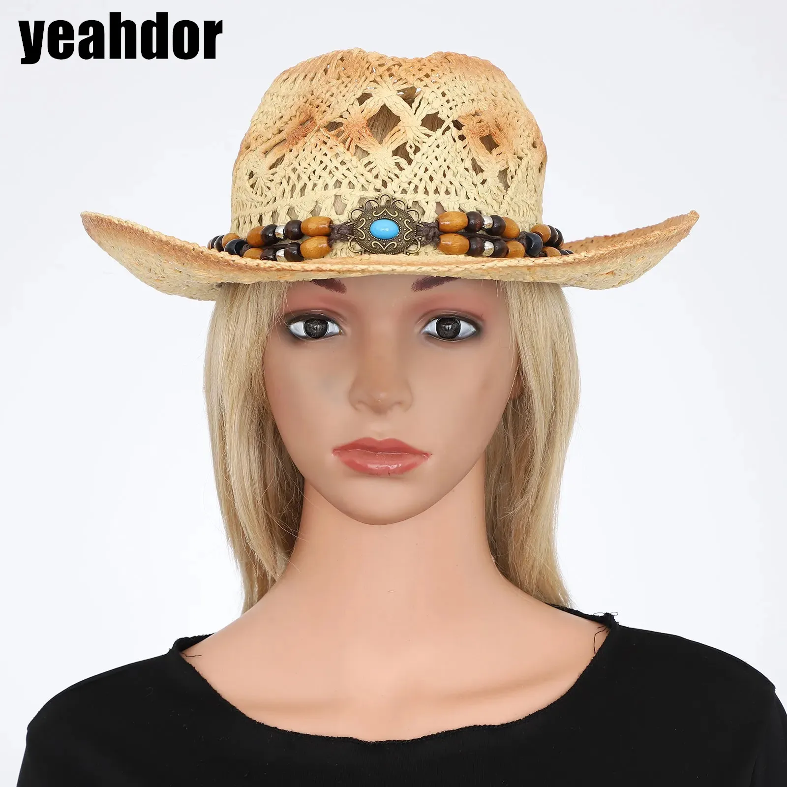 Unisex Cowboy Straw Hat with Vintage Belt Flanging Wide Brim Hollow Out Sun Hat for Women And Men