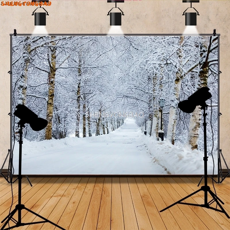 겨울 숲 눈 덮인 도로 사진 배경 흐릿한 풍경 눈송이 도로 가문비 나무 사진 배경 XD-05