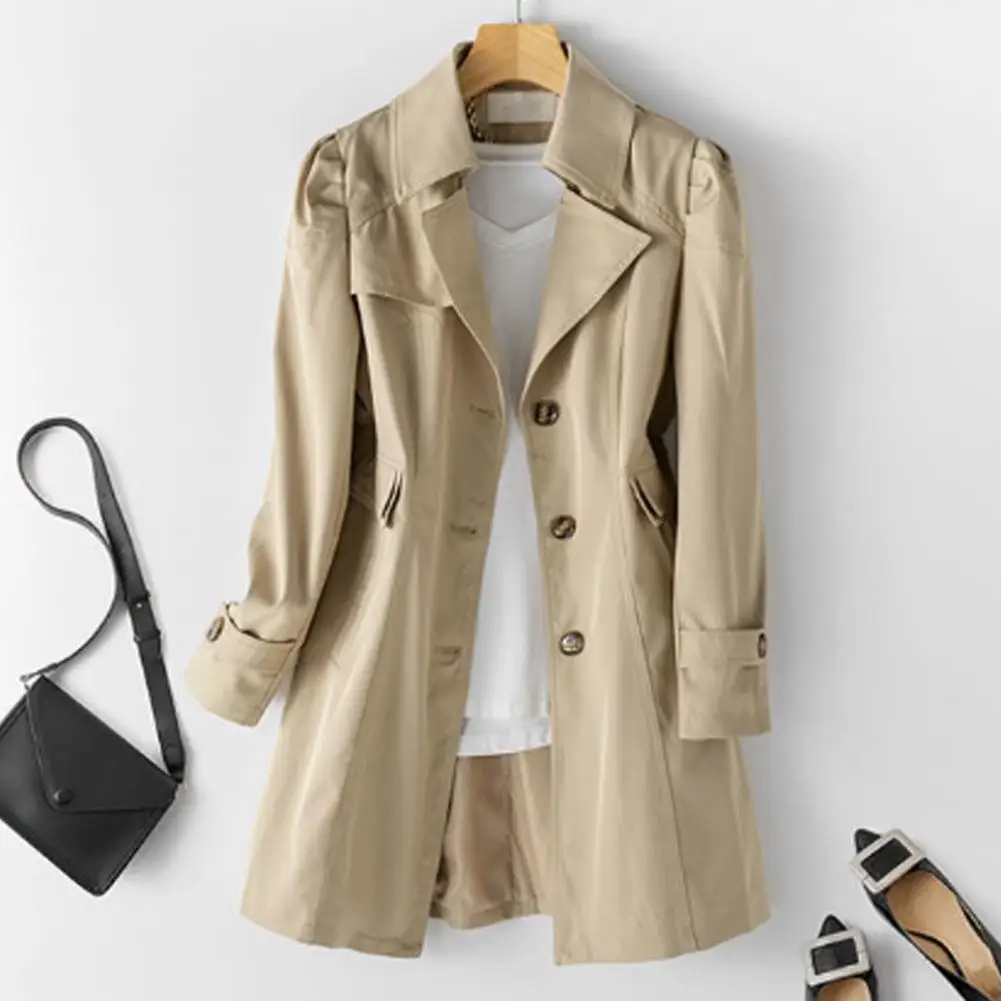 

Women Trench Coat Suit Collar Jacket Stylish Korean Style Women's Mid Length Coat with Turn-down Collar Pockets for Fall Spring