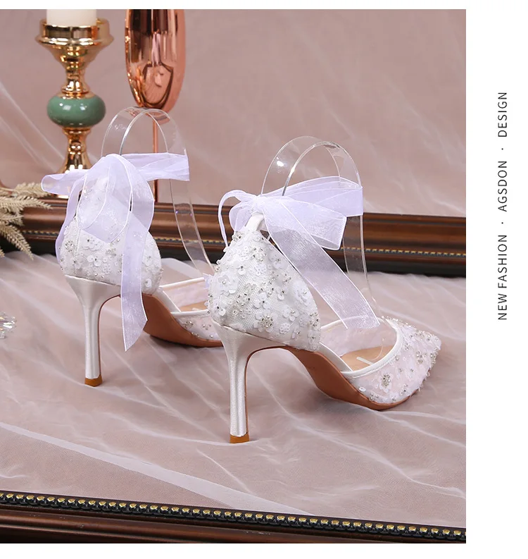 Size 33-42 2024 Summer Beaded Women White Wedding Shoes Ankle Strap Pointed High Heel Pumps