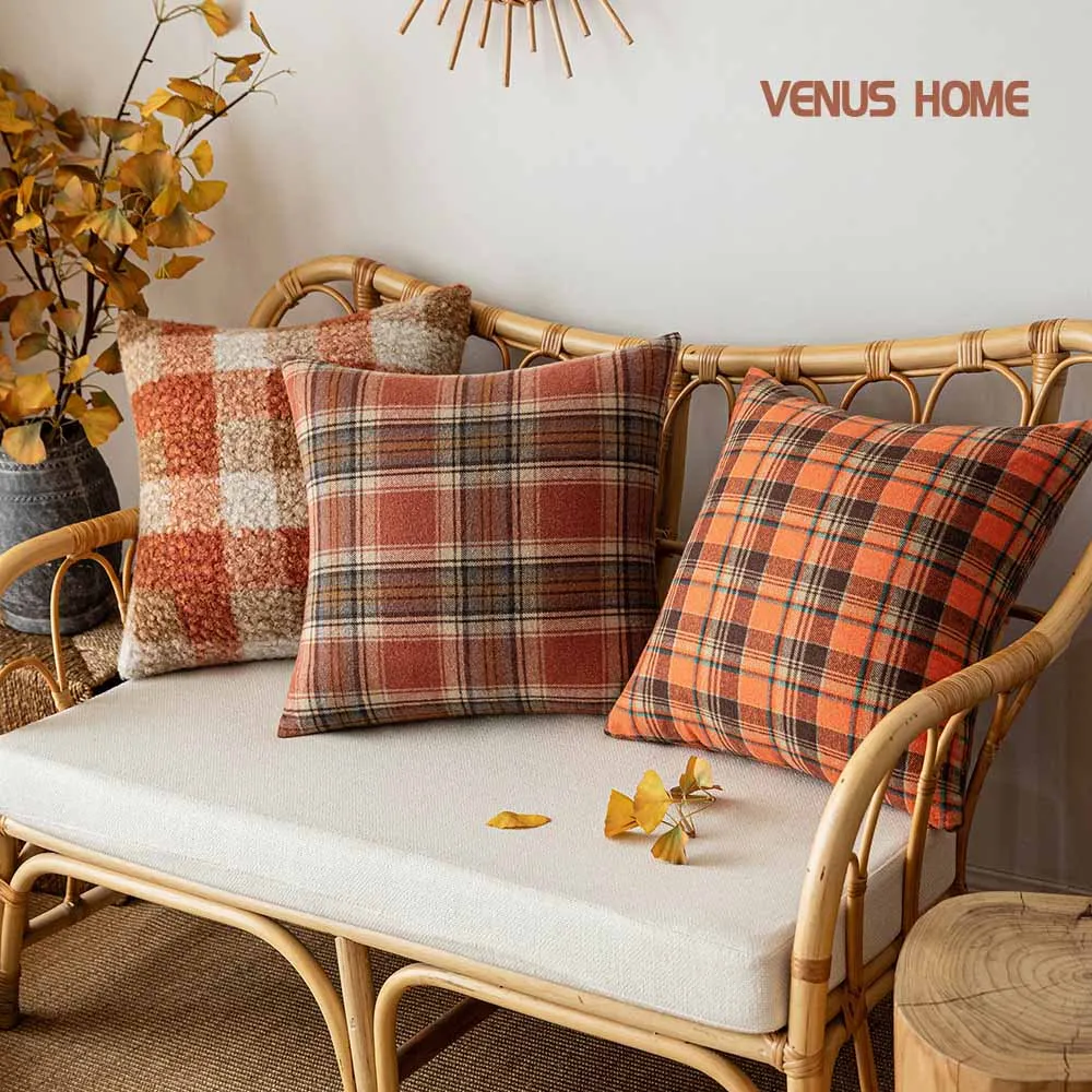 

Orange Buffalo Plaid Pillow Covers Fall Decor Farmhouse Decoration Throw Pillow Cases Autumn Harvest Thanksgiving Day Cushion