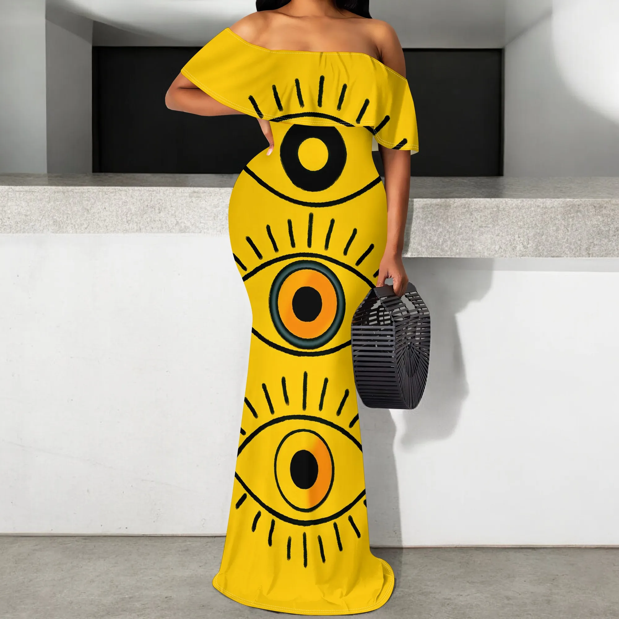 

Women's Off Shoulder Maxi Dress S-3XL Yellow Evil Eye Print Summer Beach Party Bodycon Gown