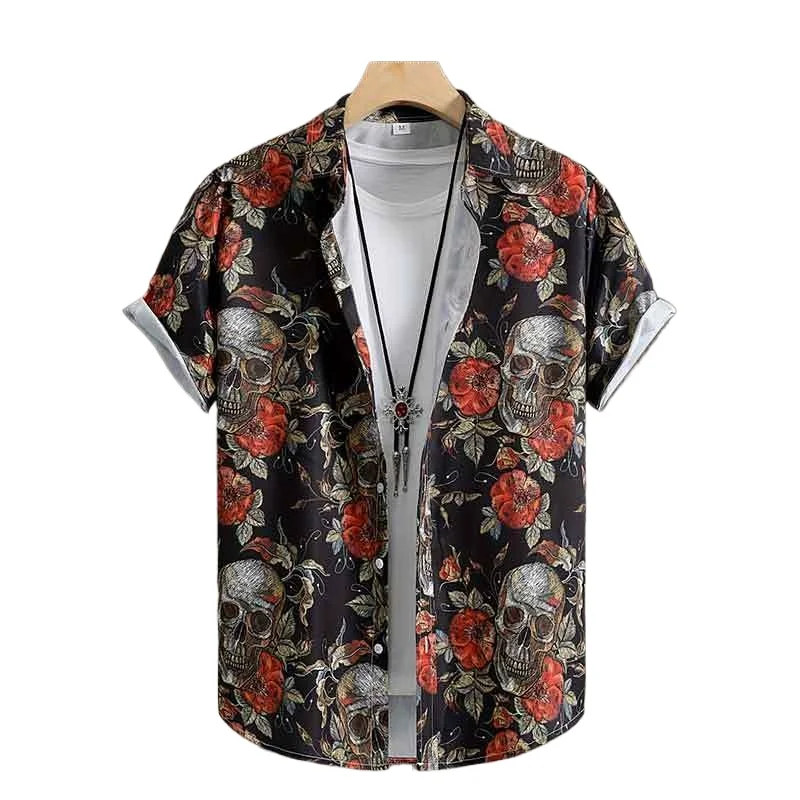 

Skull & Rose Print Men's Casual Short Sleeve Shirt, Men's Shirt For Summer Vacation Resort, Tops For Men, Gift For Men