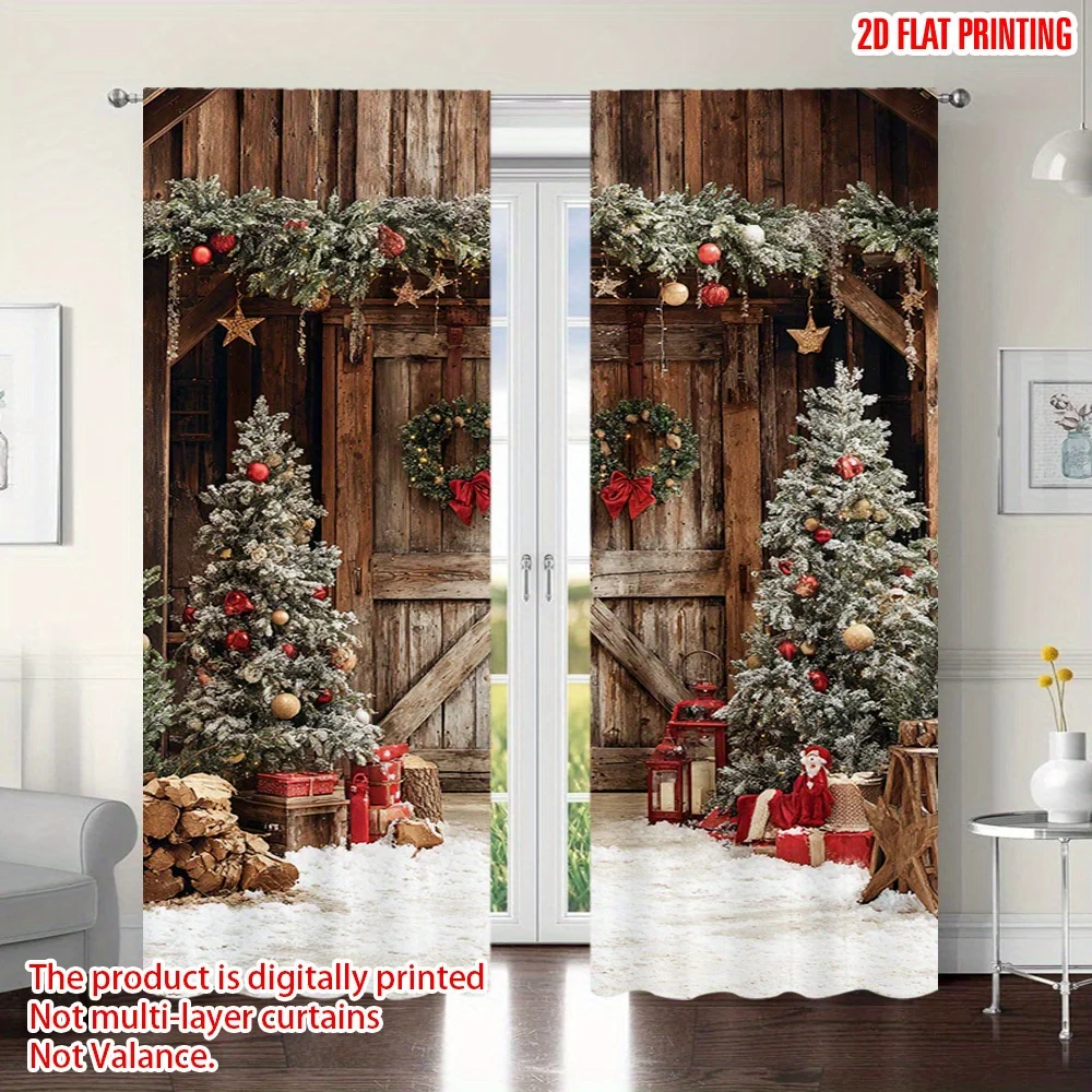 2pcs Christmas Barn Door Curtains, Farmhouse Style Red Green Golden Decor, Semi-Sheer Polyester Easy Install for Holiday Party
