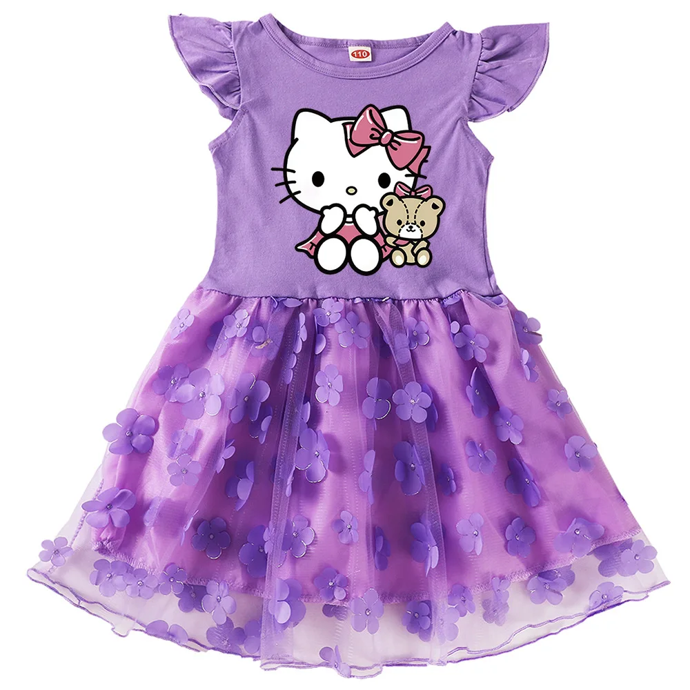 

Sanrio kuromi spring and autumn princessT-shirt skirt dress hello kitty girls gauze dress new children's cartoon short sleeve