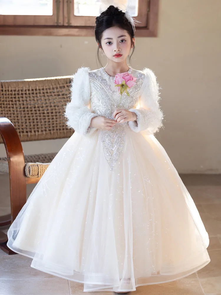 2026 vestido floral para meninas, mangas compridas, vestido de festa grosso para meninas, champanhe, vestido branco para meninas