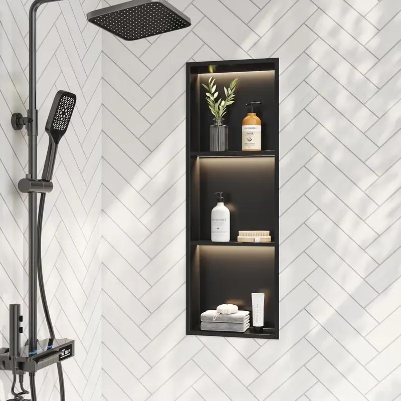 3-Tier Recessed Corner Shower Niche with LED Light Matte Black Stainless Steel Modern Wall-Mounted Bathroom