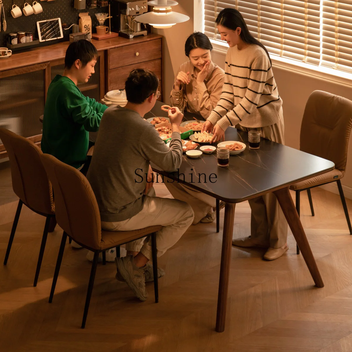 Modern minimalist home black walnut rock slab table black rectangular eating table