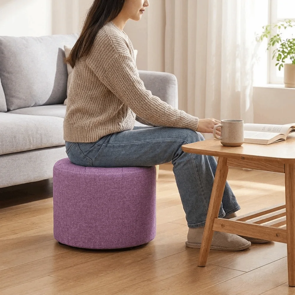 Minimalist Round Low Stool Soft Portable Sitting Pier Breathable Textured Fabric Sturdy Vanity Stool Coffee Table