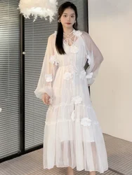 Vefadisa 2024 Summer New White Cake V-neck Spliced 3D Flower Lace-up Lantern Sleeve Long Suncreen Coat HLX267