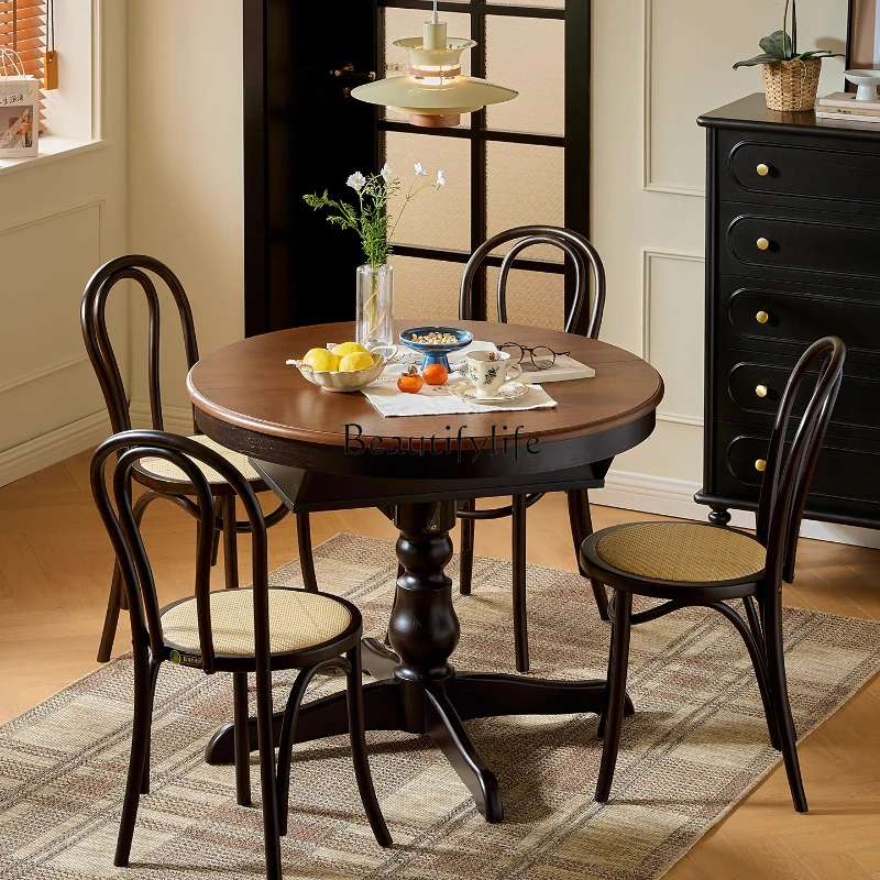 

Vintage Style Extendable Solid Wood Round Dining Table for Home Living Room French Retro Multifunctional