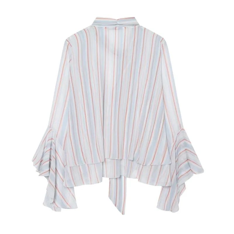 Women's Simple Micro Transparent Striped Shirt Summer Fashion V-neck Long Sleeve Blouses Casual Female Ruffle Edge Ribbon Top