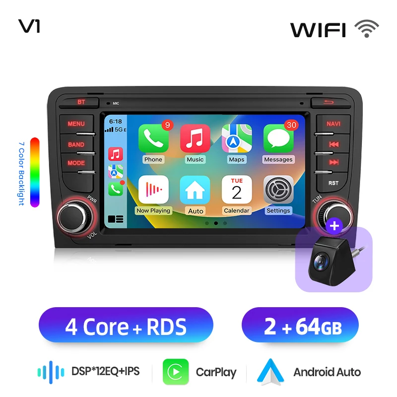 Junsun 7 inch Android autoradio voor Audi A3 8P S3 2003-2012 CarPlay Auto Multimedia Stereo Intelligent Systemen 4G GPS RDS DSP DAB+ 8-core speler