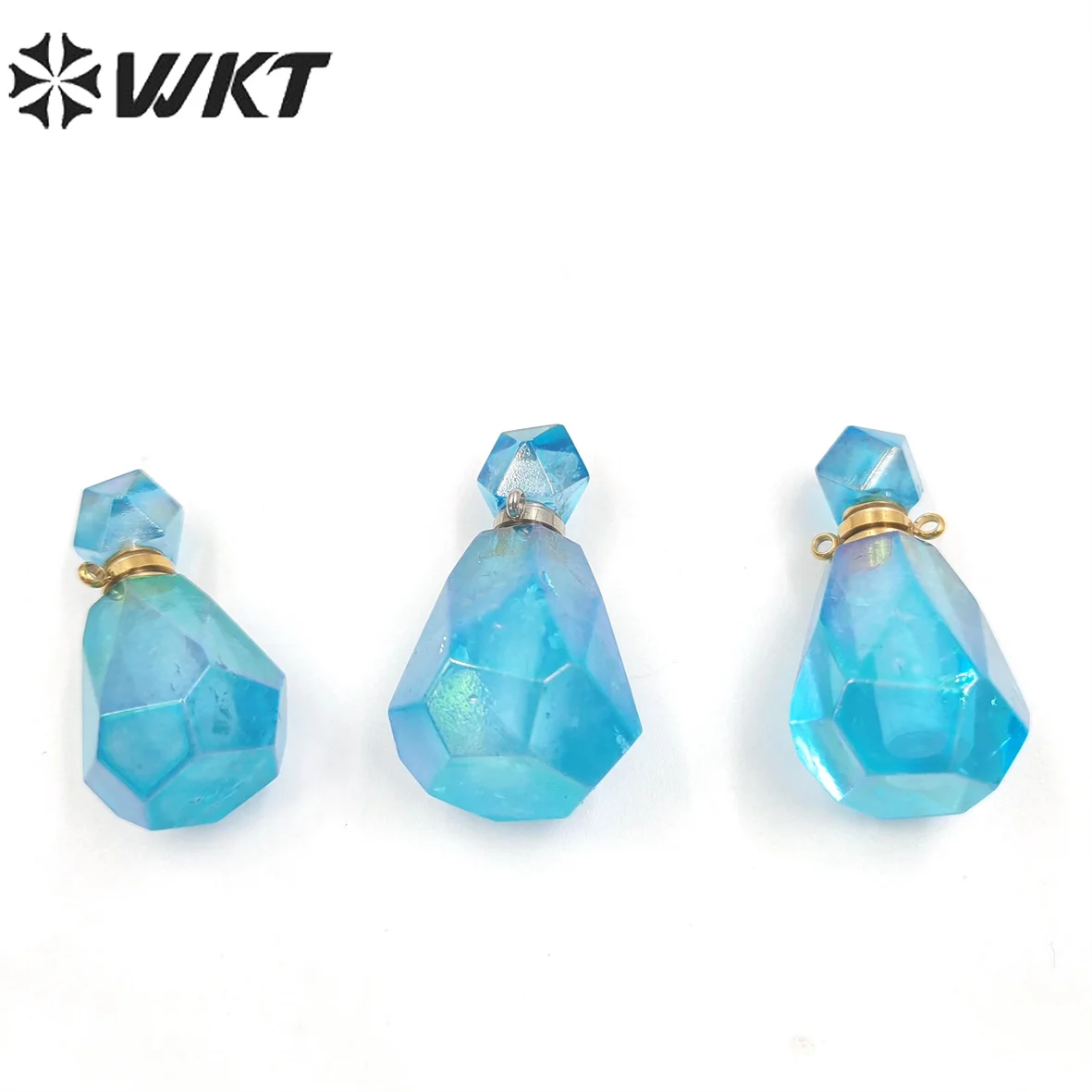 

WT-P1786 WKT Pretty Natural Stone Perfume Bottle Pendent Ladies Blue Crystal Quartz with Aqua Cone Shape Necklace Ladies