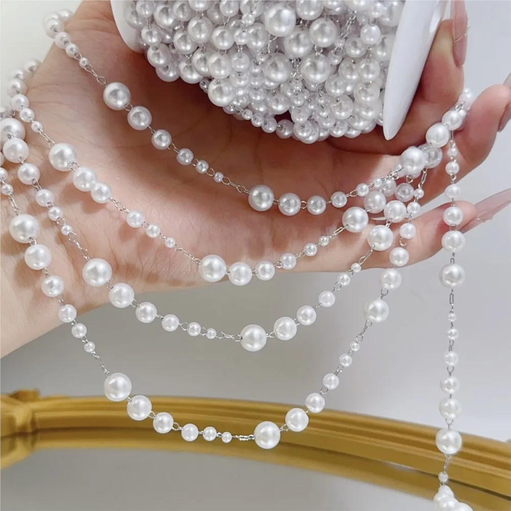 1meter 3-8mm Faux Pearl Beading with Brass Link Chain for Jewelry Making DIY Bracelet Necklace Sewing Crafts Supplies Findings view 3