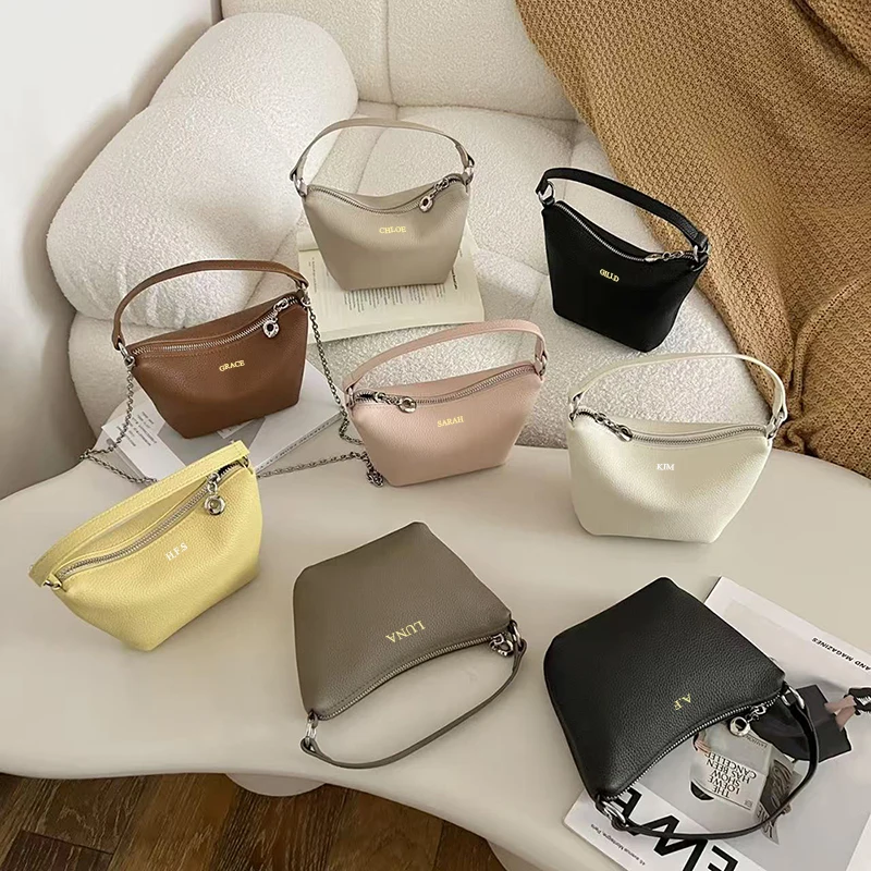 Woman Luxury Genuine Leather Hobo Bag Fashion DIY Name Zip Lady Handbag Casual Custom Initials Crossbody Bag Simple Phone Purse