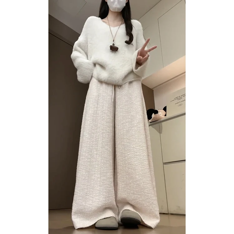 الوردي الحلو عادية مستقيم الساق السراويل النسائية الخريف الشتاء جديد تنوعا التخسيس عالية الخصر ثنى الطابق طول السراويل