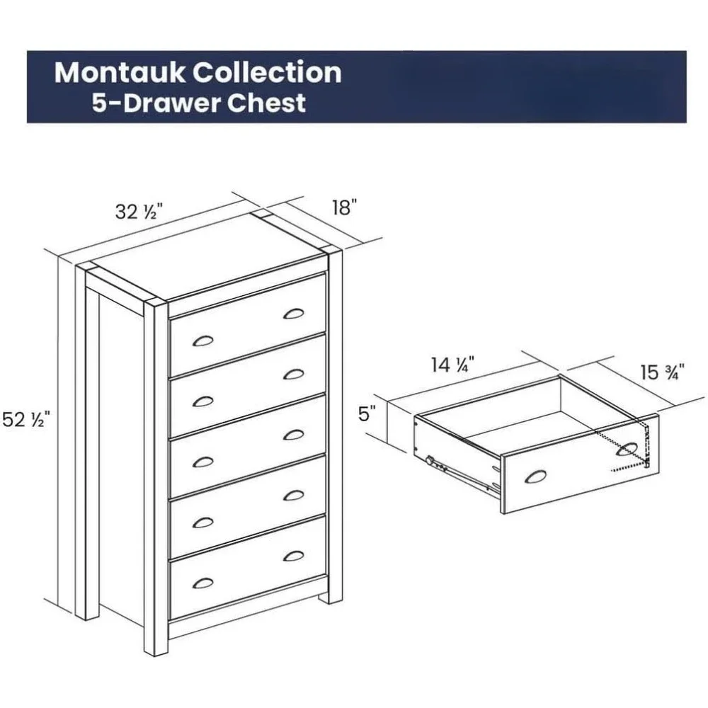 Montauk 5-Drawer Chest, Solid Wood with a Farmhouse Black Finish