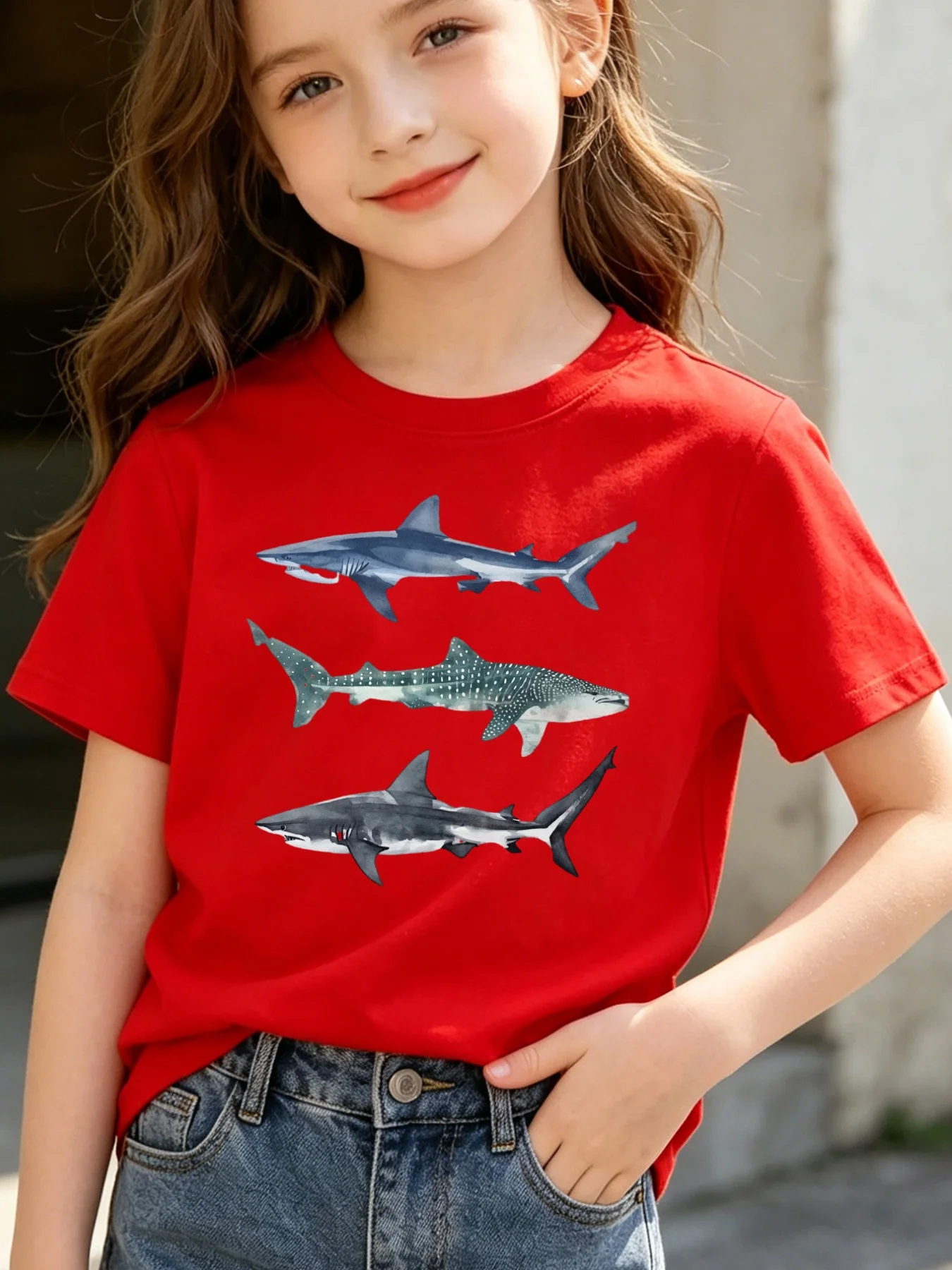 Watercolor Shark Print Kids T Shirt Boys Girls Short Sleeve Tee Sea Creature Graphic Parent Child Matching Toddler Youth Tops