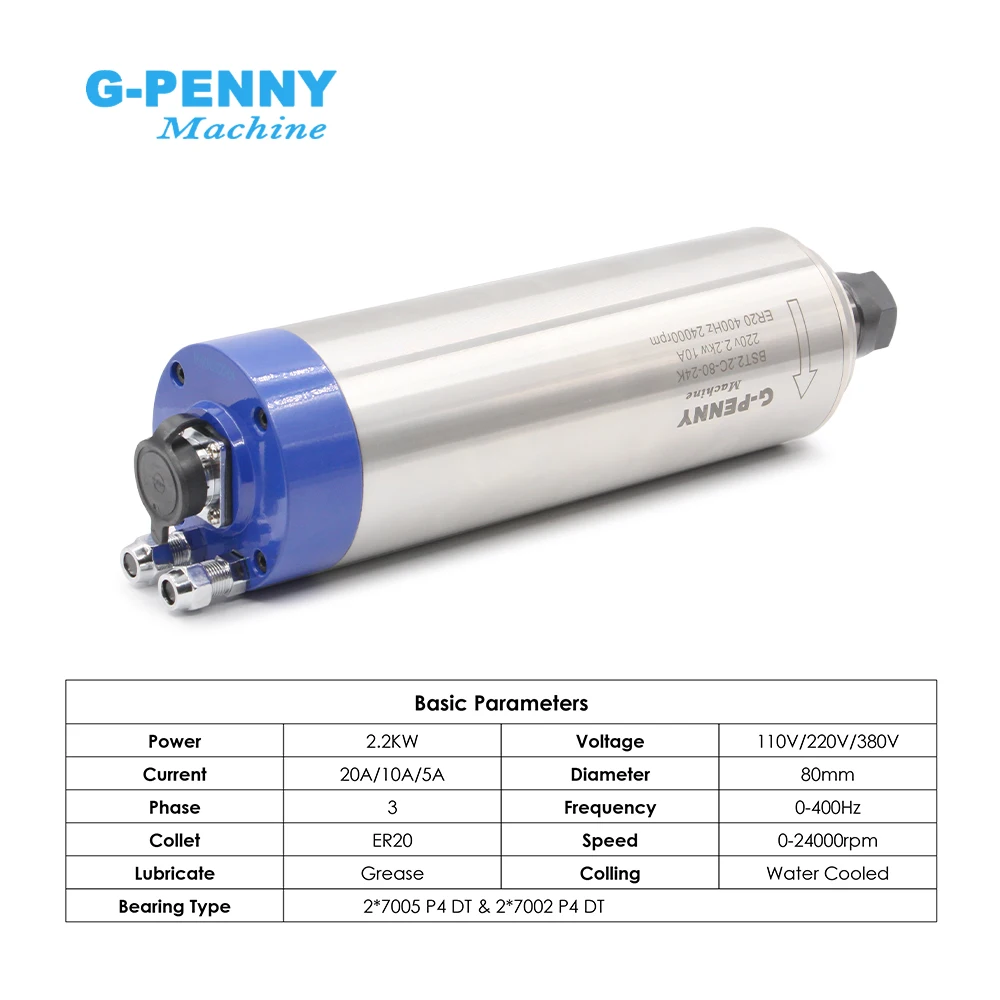 G-Penny 2.2kw ER20 80mm Water Cooled Spindle motor Bullet Type 110v 220v 380v Wood / Stone Working 4 pcs Ceramic Ball Bearings