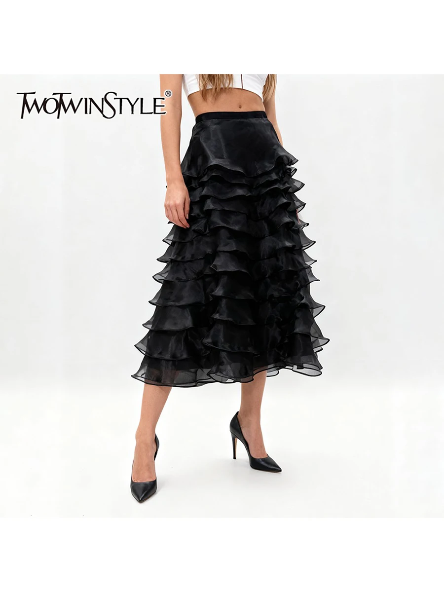 

TWOTWINSTYLE Solid Loose Spliced Rufflds Folds Elegant Skirts for Women High Waist Basics Tiered Skirt Female Fashion Clothing