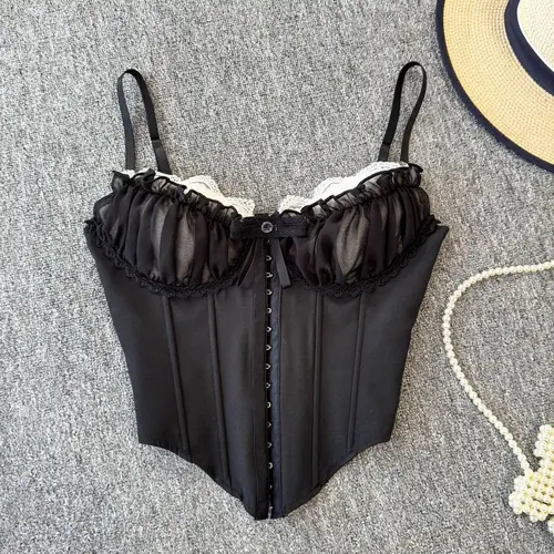 Imagen 2 del producto Camisola de flores de encaje con volantes para mujer, Tops cortos ajustados con hebilla y lazo, chaleco con tirantes sin mangas