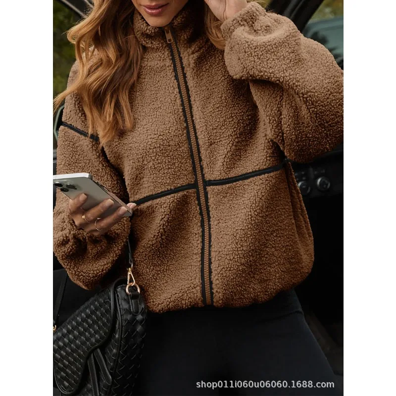 2025 Autumn and Winter Lamb Wool Coat Contrasting Color Stand-up Collar Casual Versatile Woolen Coat