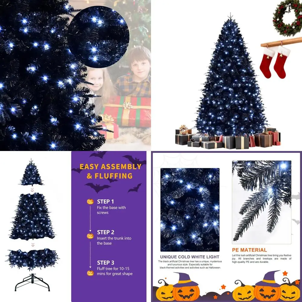 

250-световая черная искусственная рождественская елка, высота 5 футов с наконечниками из полиэтилена и ПВХ 10576 года, навесные ветки, металлическая подставка — идеально подходит для Хэллоуина и