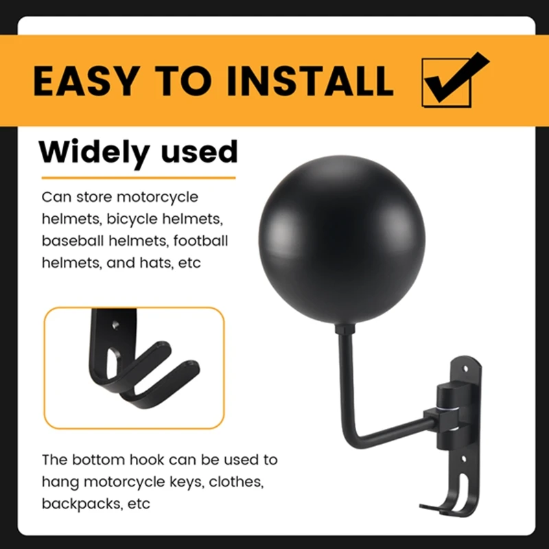 [NEW!A08R】 180° Motorcycle Helmet Rack, Rotation Metal Helmet Holder Wall Mount, Helmet Holder Bike With 2 Hooks Helmet Hanger