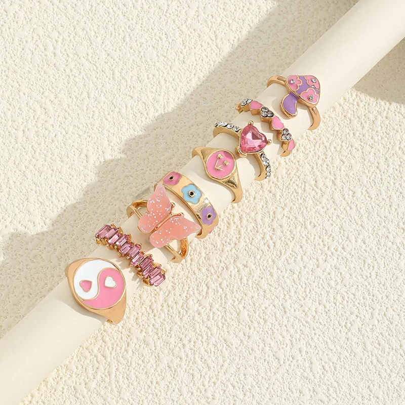 New Colorful Enamel Butterfly Kunckle Rings Set For Women Geometric Crystal Heart Mushroom Finger Ring Girls Bohemian Jewelry
