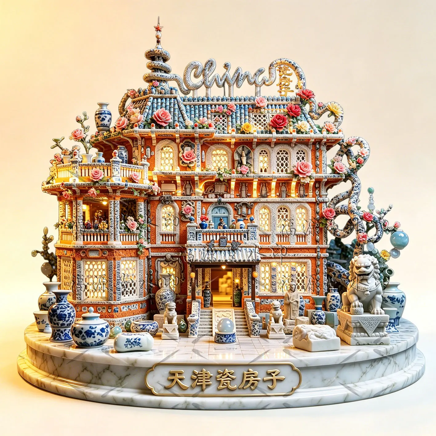 Metal Embossed Magnetic Fridge Magnet, Tianjin Porcelain House Building Chinese Trend Cultural Creative Travel Souvenir Gift