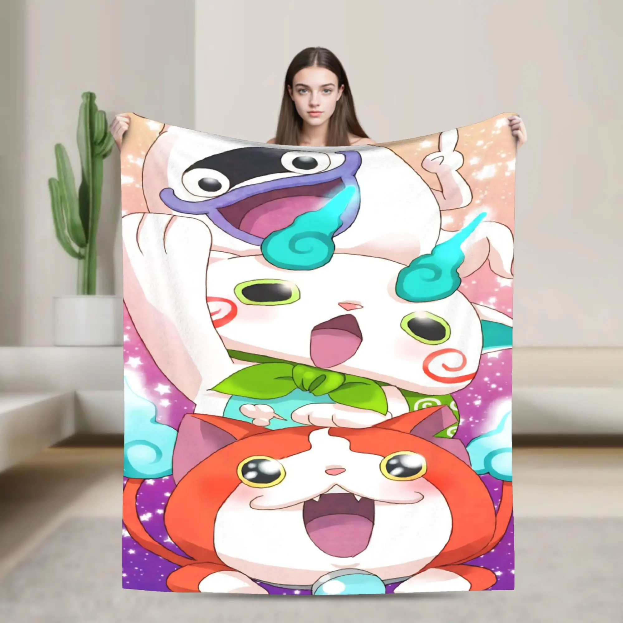 Yokai Watch Game Knitted Blankets Fleece Komasan Jibanyan Lightweight Thin Throw Blankets for Bedroom Sofa Bed Rug
