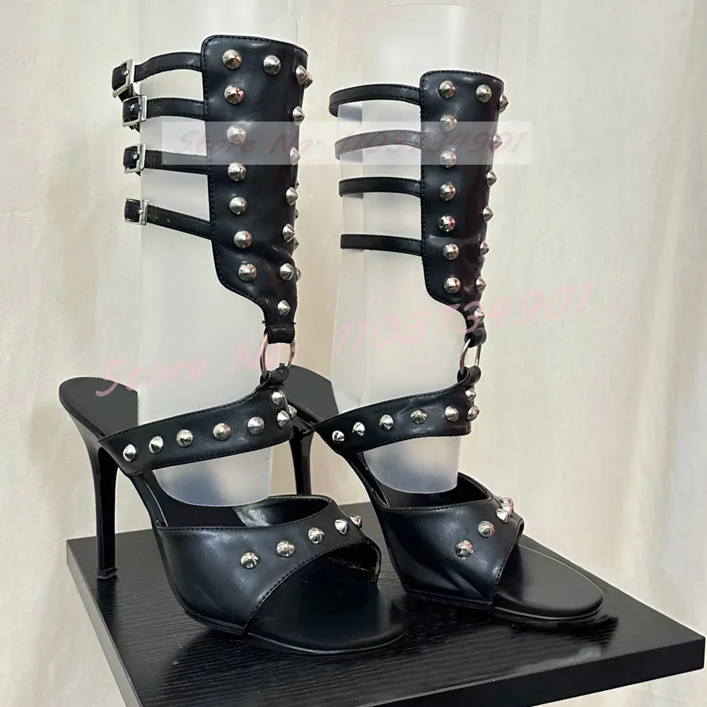 

Rome Style Rivets Sandals Female Punk Gladiator Buckle Round Toe High Heels Mid Calf Shoes Lady Sexy Retro Evening Party Sandals