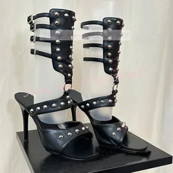 Rome Style Rivets Sandals Female Punk Gladiator Buckle Round Toe High Heels Mid Calf Shoes Lady Sexy Retro Evening Party Sandals