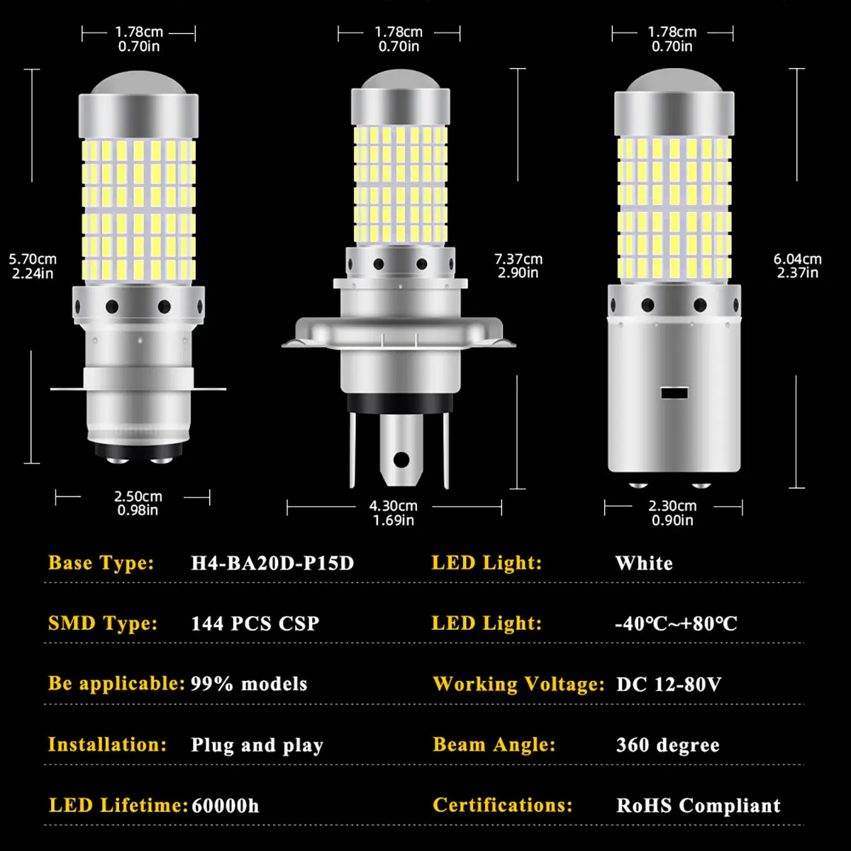 1PCS H4 LED Headlights For Motorcycle 144 SMD Running Light BA20D H6 P15D Super Bright 6000K White Spotlight Play and Plug