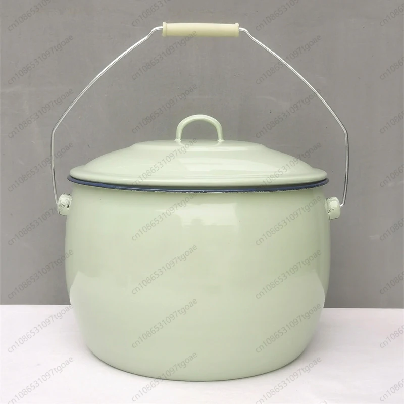 Old-fashioned enamel lifting pot, soup bucket, rice storage bucket, bucket with lid