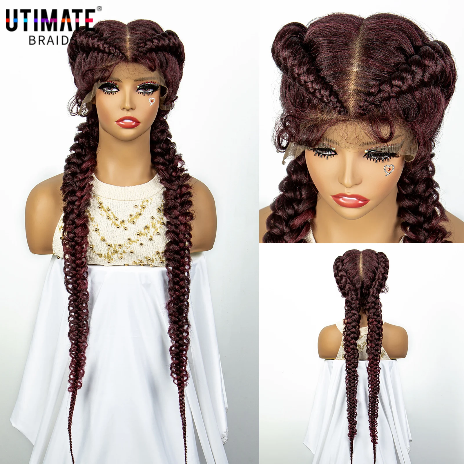 99J Burgundy Synthetic Lace Frontal Dutch Box Braided Wigs for Black Women 36 Inches Fishtail Braids Wigs with Baby Hair