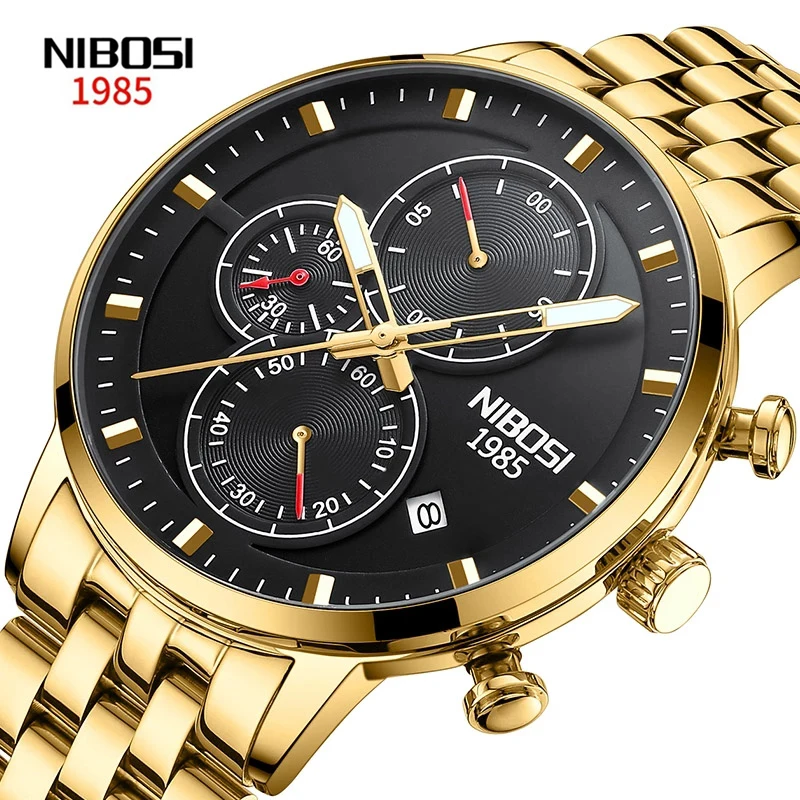 

NIBOSI Top Brand Watches Men Luxury Gold Quartz Watch Stainless Steel Sports Chronograph Men's Watch Luminous Relogio Masculino