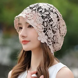 Beanies Bucket Hat Korean Chic Lace Floral Single Layer Hat Vintage Women Dual-use Turban Muslim Summer Hats