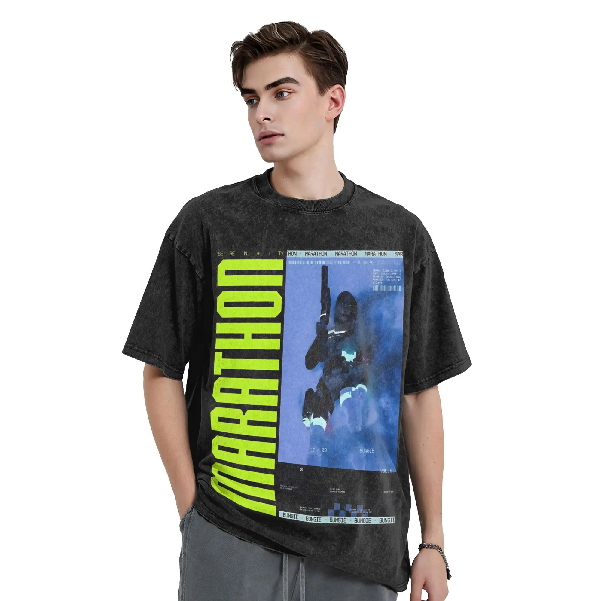 Priting Marathon Game  Sci-Fi Gaming Vintage Washed T-Shirt Men's Crewneck Short Sleeve Clothes  Cotton Summer TopsTops