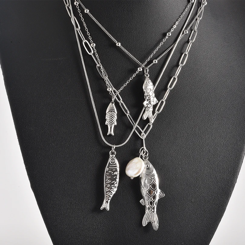Cute Stainless Steel Silver Color Small Fish Pendant Necklace Natural Pearl Fish bone Mermaid Tail Chic Brief Charms Necklaces
