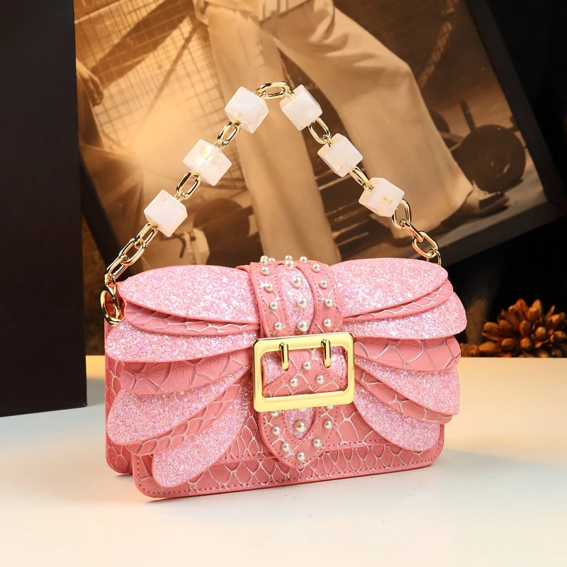 

2024 New Pearl Rivet Wings Women Bag Genuine Leather Fashion Chain Handbags Small Square Shoulder Messenger Bags Design Luxury